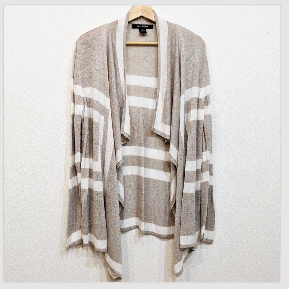 89th & Madison Striped Cardigan Women L Beige Soft Rayon Waterfall Open Front